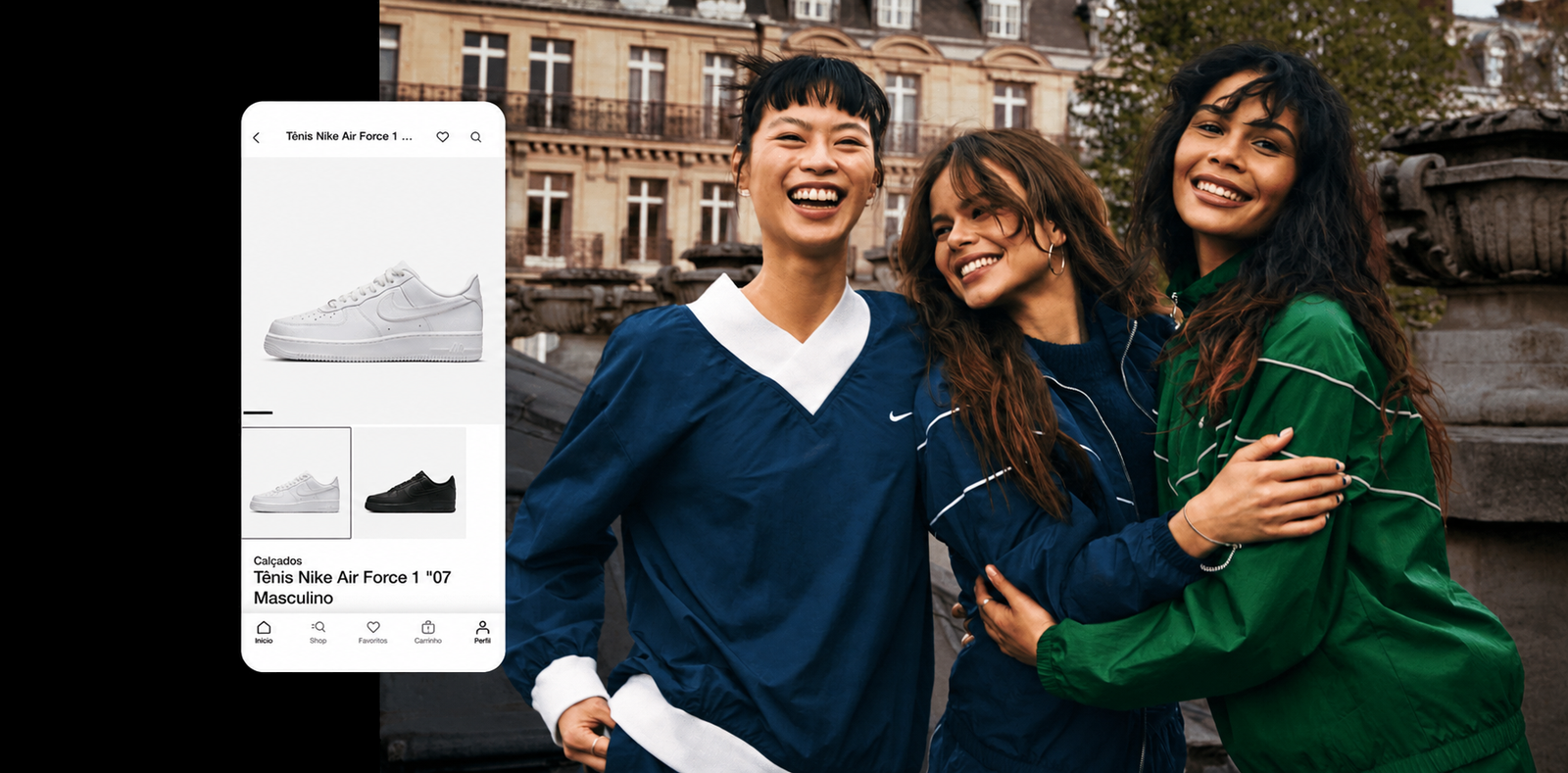App Nike Brasil na página de produto do Air Force 1, ao lado de uma foto de campanha.