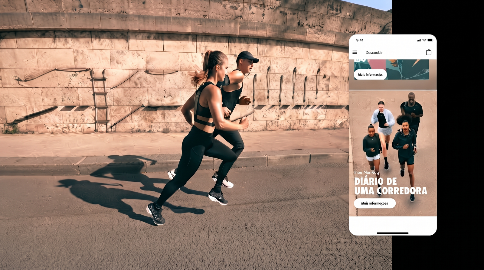 App Nike Brasil exibindo conteúdo editorial "Diário de uma corredora", ao lado de uma foto de corrida.